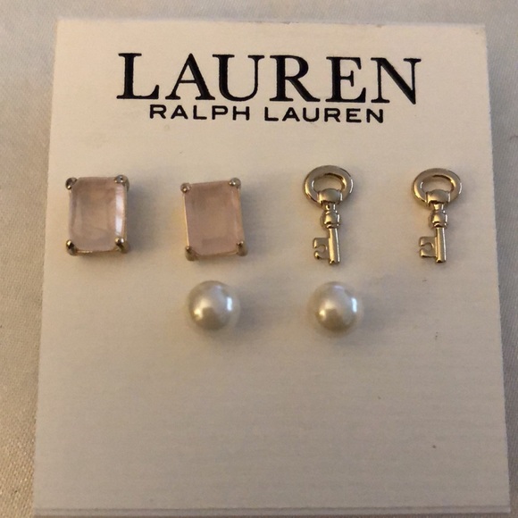 Lauren Ralph Lauren 3 Pair Stud Earring Set Key, Rose Quartz & Faux Pearl NWT - Picture 8 of 13